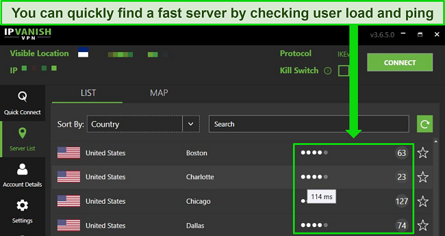 Screenshot of IPVanish's Windows app, highlighting server details showing ping in ms and user load for individual servers.