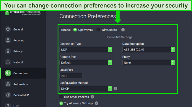Screenshot of PIA's Windows app showing connection preferences settings and how they are customizable.