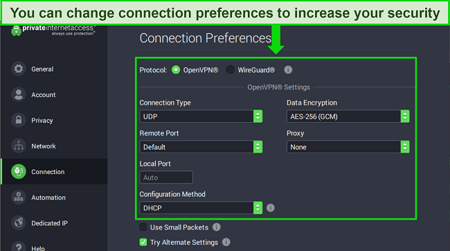 Screenshot of protocol settings on PIA app