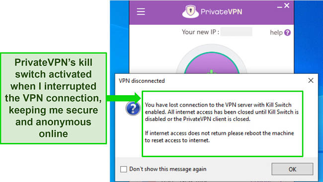 Screenshot of PrivateVPN's Windows app, highlighting the kill switch working effectively when the VPN connection was interrupted.