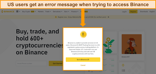 Screenshot of Binance error message redirecting US users to Binance.US.