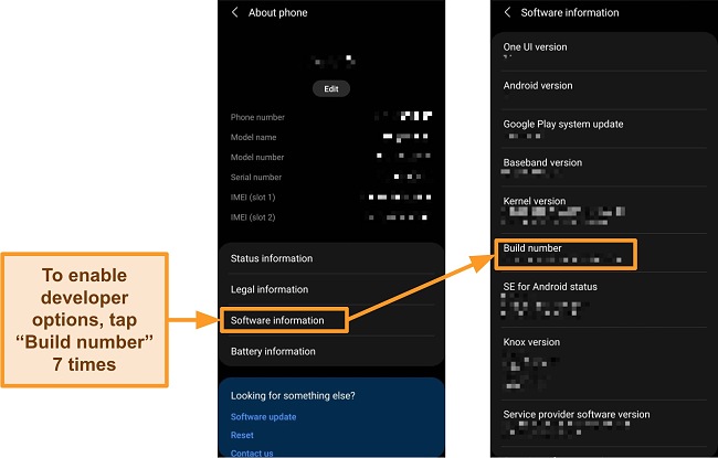 Screenshots of enabling developer options in phone settings