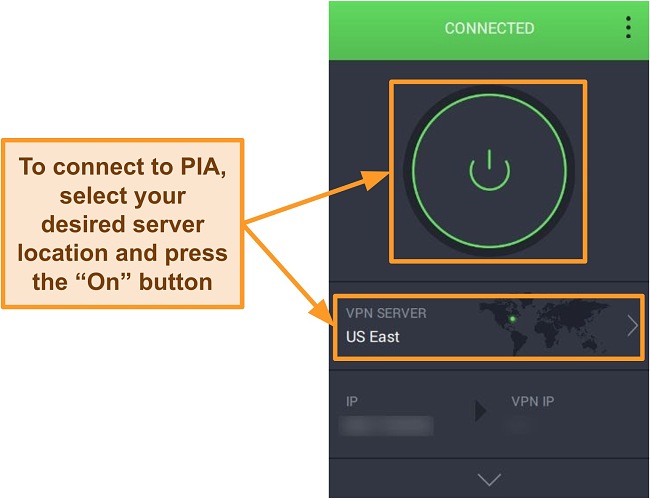 Screenshot of PIA's app user interface.