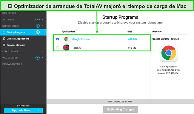 Captura de pantalla del optimizador de inicio de TotalAV que se ejecuta en Mac