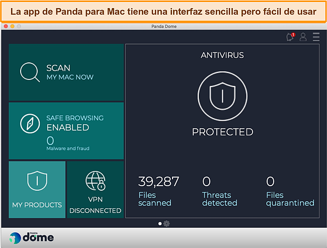 Captura de pantalla del panel de la aplicación Mac de Panda