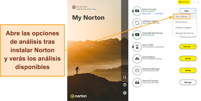 Captura de pantalla que muestra cómo acceder al menú de opciones de escaneo de Norton