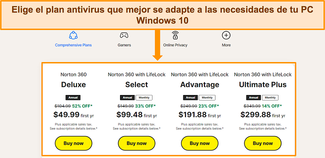Captura de pantalla de la página de precios de Norton para comparar diferentes opciones de suscripción