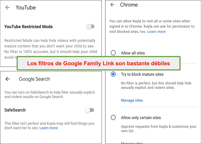 Captura de pantalla de los filtros bastante débiles de Google Family Link