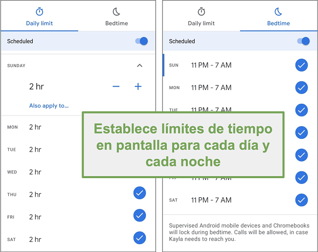 Captura de pantalla de la configuración de tiempo de pantalla de Google Family Link para cada día y noche