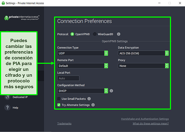 Captura de pantalla de la configuración personalizable de PIA.