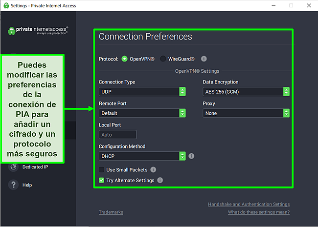 Captura de pantalla de la configuración personalizable de PIA