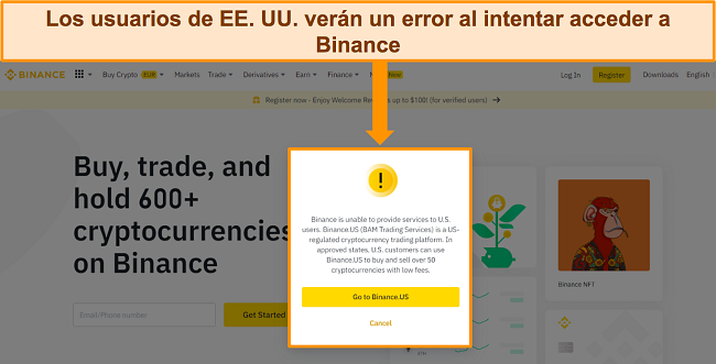 Captura de pantalla del mensaje de error de Binance que redirige a los usuarios de EE. UU. a Binance.US.