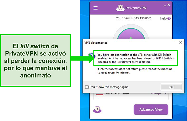 Captura de pantalla del cuadro de diálogo del interruptor de eliminación de Internet de VPN privada.