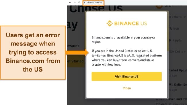 Screenshot of Binance.com error message when trying to connect from the US.