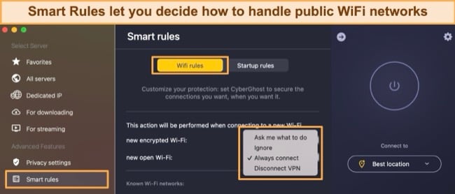 Screenshot of CyberGhost's Smart Rules function to set up WiFi rules