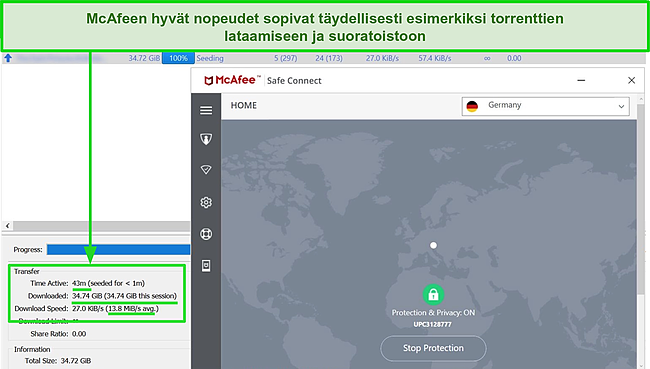 Näyttökuva McAfee Safe Connect VPN -palvelimesta