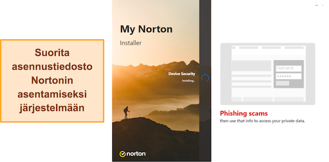 Näyttökaappaus, jossa näkyy Nortonin asennus käynnissä Windowsissa