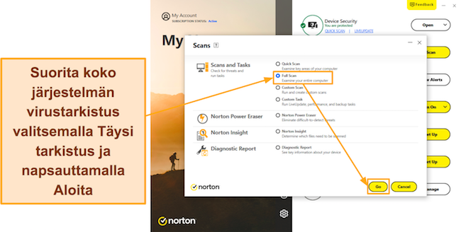 Näyttökuva Nortonin Full Scanin käynnistämisestä