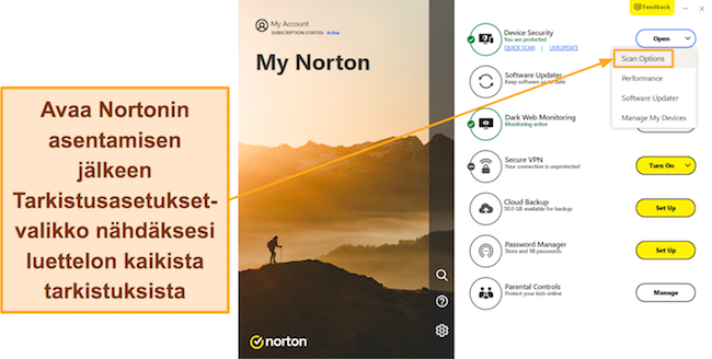 Näyttökaappaus, joka näyttää kuinka pääset Nortonin skannausasetukset-valikkoon