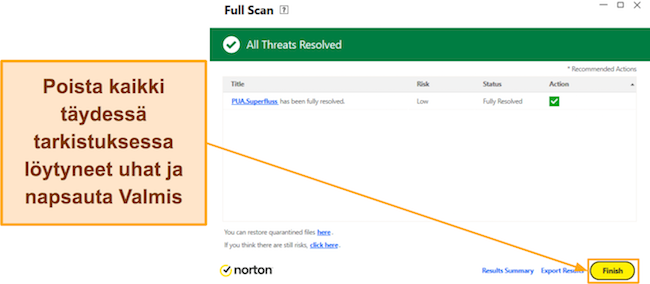 Näyttökuva Nortonin Full Scan -toiminnon viimeistelystä