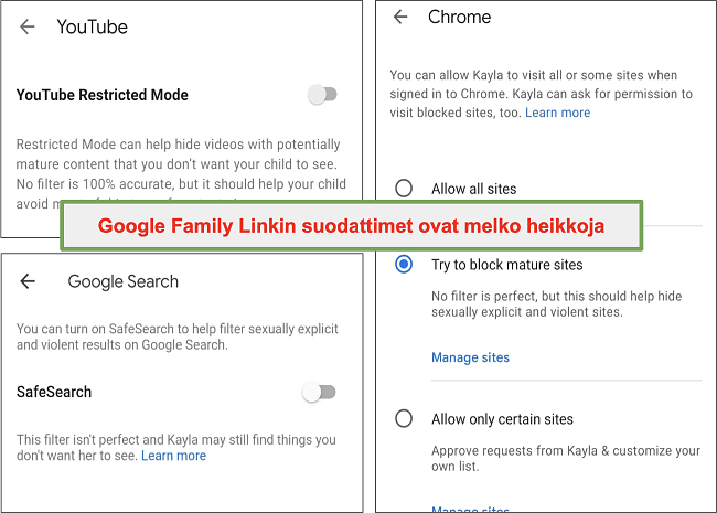 Näyttökuva Google Family Linkin melko heikoista suodattimista