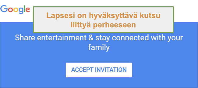 Näyttökuva Google Family Linkin kutsusta liittyä