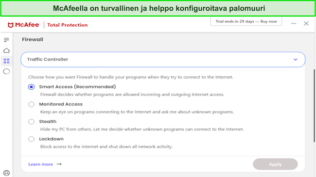 McAfee antivirus palomuurin mukauttamisen kuvakaappaus