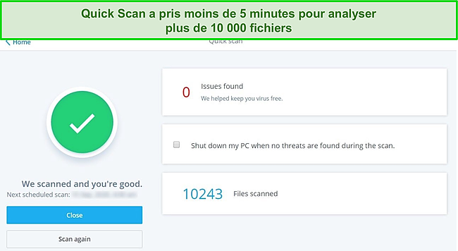 Capture d'écran de la page de résultats de l'analyse rapide de McAfee