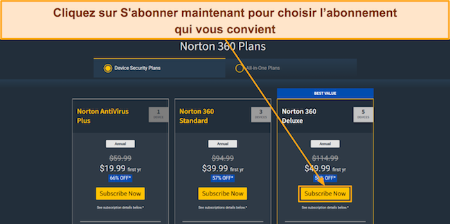 Capture d'écran des plans tarifaires de Norton