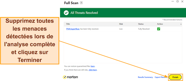 Capture d'écran montrant comment terminer l'analyse complète de Norton