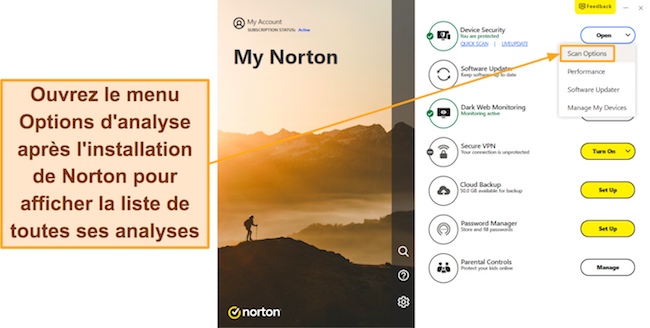 Capture d'écran montrant comment accéder au menu des options d'analyse de Norton
