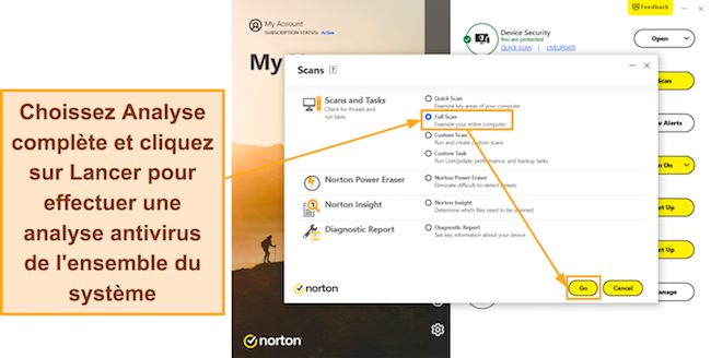 Capture d'écran montrant comment démarrer l'analyse complète de Norton