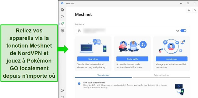 Capture d'&eacute;cran illustrant les &eacute;tapes pour changer la localisation de Pok&eacute;mon GO en utilisant la fonctionnalit&eacute; NordVPN Meshnet