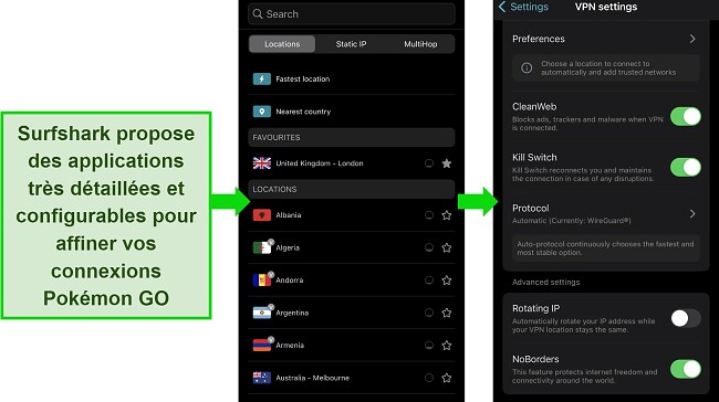 Capture d'&eacute;cran illustrant les &eacute;tapes pour changer la localisation de Pok&eacute;mon GO en utilisant la fonctionnalit&eacute; NordVPN Meshnet