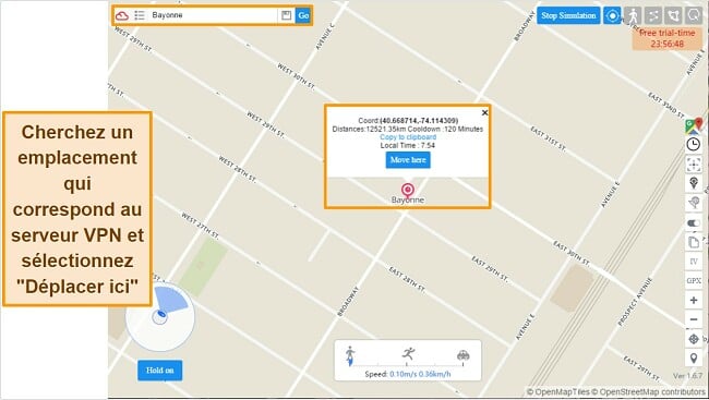 Guide : Comment changer de lieu dans Pok&eacute;mon GO - S&eacute;lectionnez un emplacement diff&eacute;rent et cliquez sur 'D&eacute;placer ici