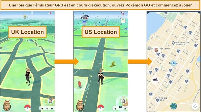 Capture d'écran illustrant comment changer la localisation dans Pokémon GO. L'image montre l'étape pour ouvrir l'application Pokémon GO et commencer à jouer