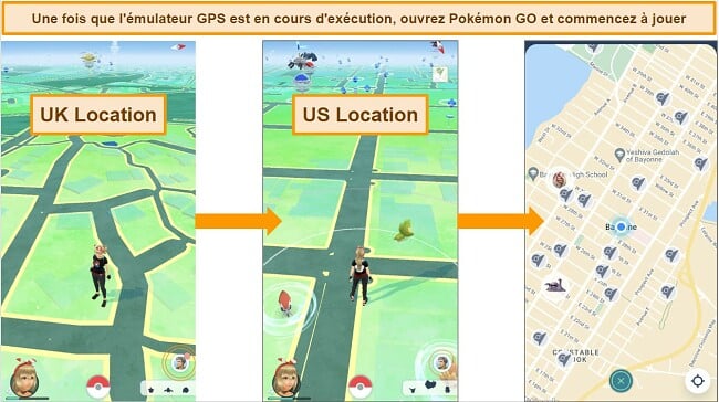 Capture d'&eacute;cran illustrant comment changer la localisation dans Pok&eacute;mon GO. L'image montre l'&eacute;tape pour ouvrir l'application Pok&eacute;mon GO et commencer &agrave; jouer