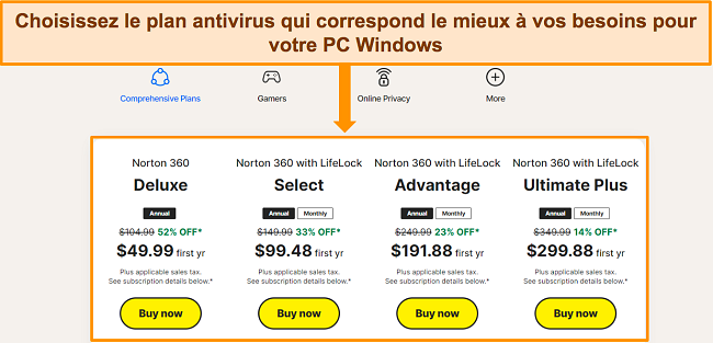 Capture d'écran de la page de tarification de Norton pour comparer différentes options d'abonnement