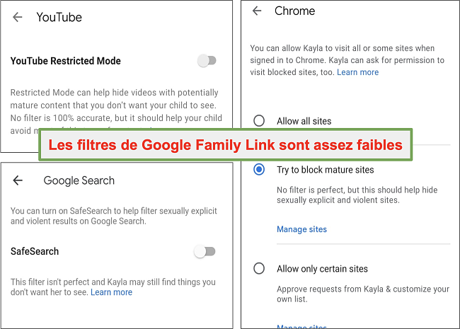 Capture d'écran des filtres assez faibles de Google Family Link