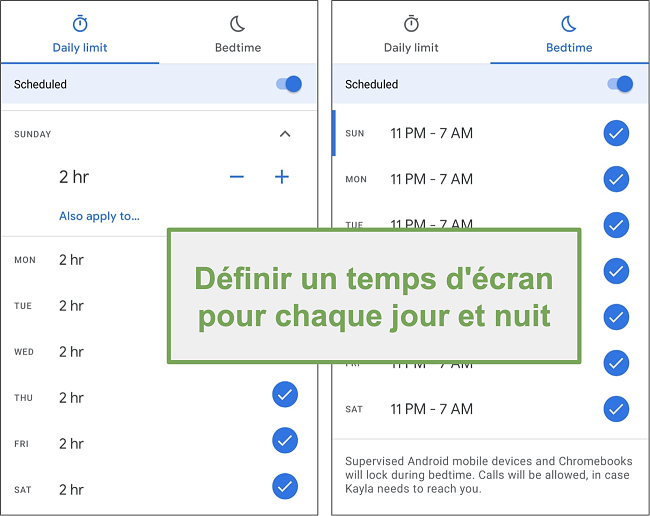 Capture d'écran des paramètres d'heure d'écran de Google Family Link pour chaque jour et nuit