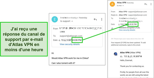  Capture d'écran de mon échange d'e-mails avec le support client d'Atlas VPN