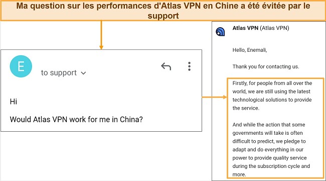 Capture d'écran de mon interaction avec le support client d'Atlas VPN concernant la Chine