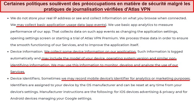 Capture d'écran d'un extrait de la déclaration de confidentialité d'Atlas VPN