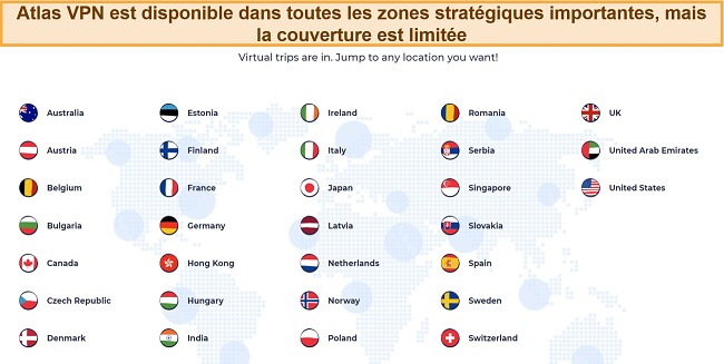 Capture d'écran des serveurs Atlas VPN dans différents pays