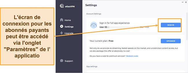 Une capture d'écran montrant comment se connecter avec un compte VPN Atlas premium
