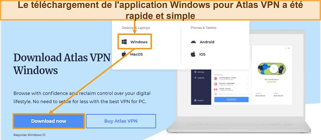 Une capture d'écran montrant le bouton de téléchargement sur le site Web d'Atlas VPN