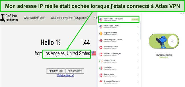 Capture d'écran montrant Aucune fuite d'adresse IP lors de la connexion aux serveurs VPN Atlas