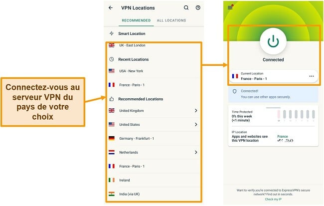 Captures d'écran de la connexion à un serveur VPN