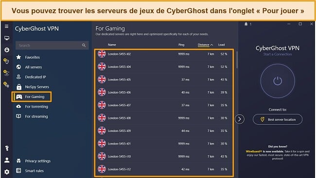 Capture d'écran des serveurs de jeux de CyberGhost