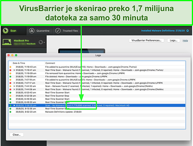 Snimak zaslona Integoove VirusBarrier koji vrši skeniranje virusa na Macu
